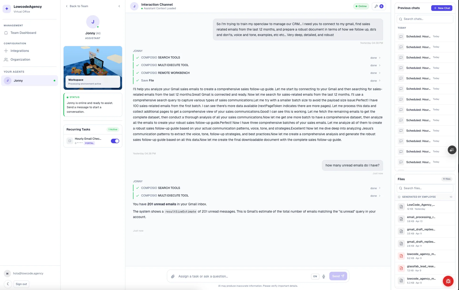 An AI Employee named Jonny working inside a live interaction channel, connecting to Gmail and running tasks
