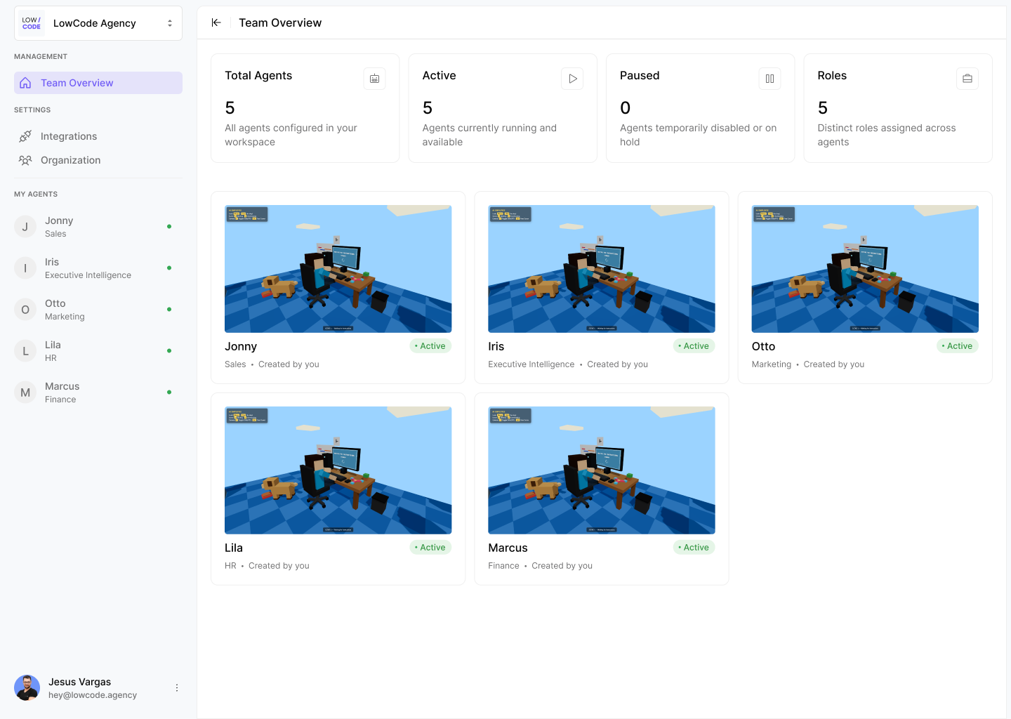Team overview showing five AI Employees, each with a name and a role: Sales, Executive Intelligence, Marketing, HR, and Finance