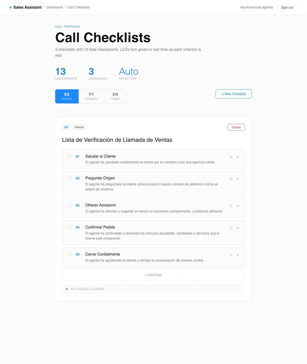 Live agenda panel checking off each step of the sales rubric during a call