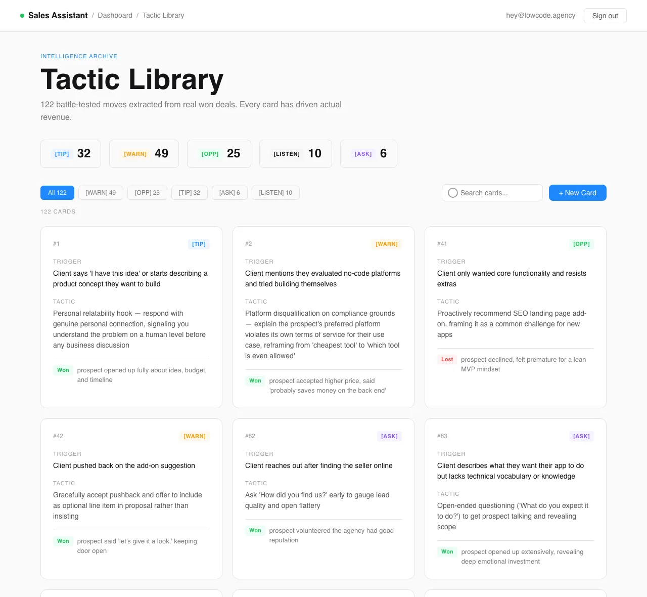 Sales Assistant tactic library: cards extracted from real closed-won calls