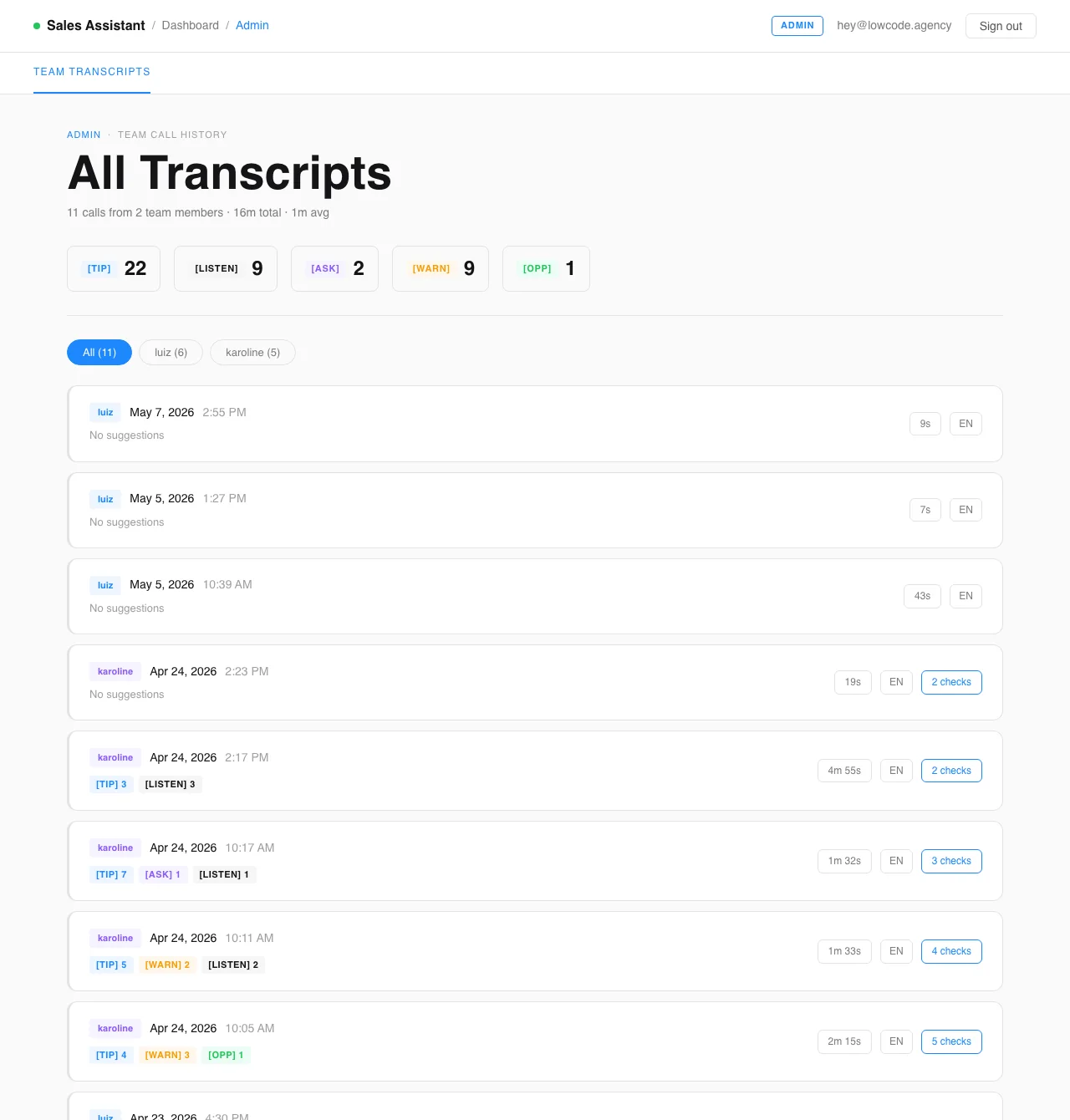 Live transcript with each statement classified in real time